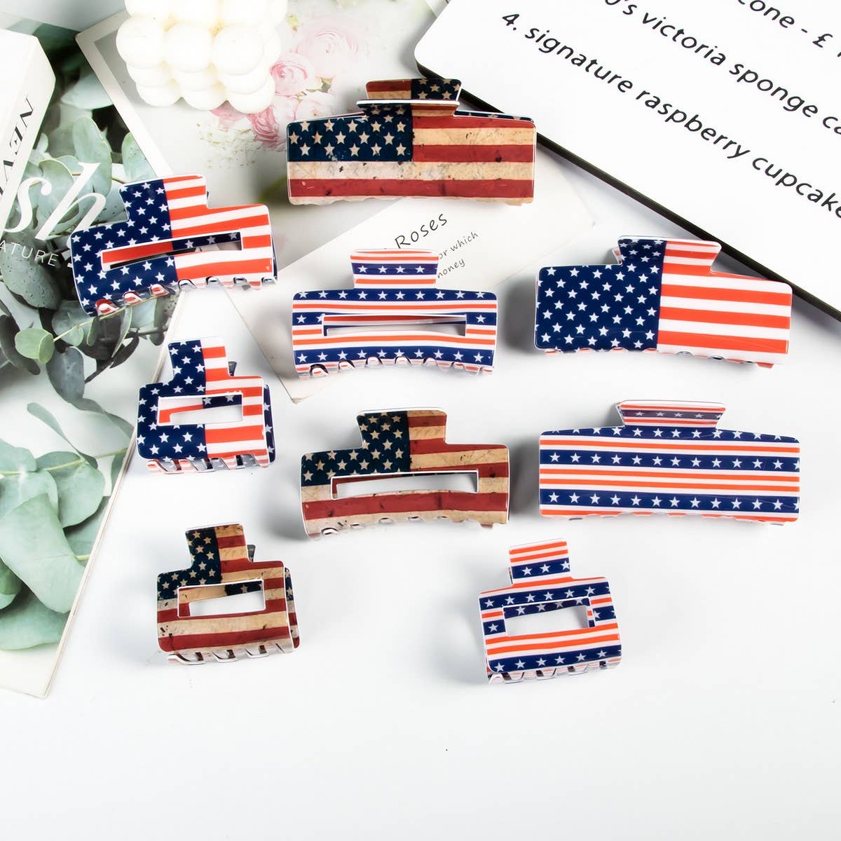 CWAHA1244_4TH OF JULY FLAG 10CM RECTANGULAR HAIR CLAW CLIP