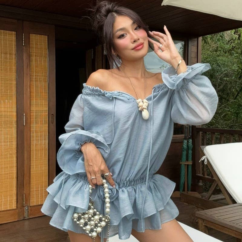 Off shoulder ruffle chiffon long sleeve dress