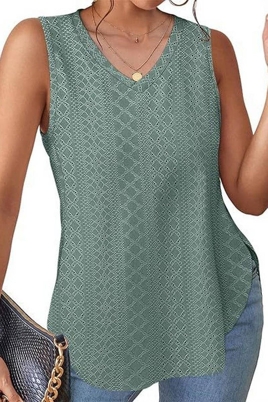 V NECK SLEEVELESS SLIT SOLID COLOR CASUAL SHIRT_CWTSTSL0069