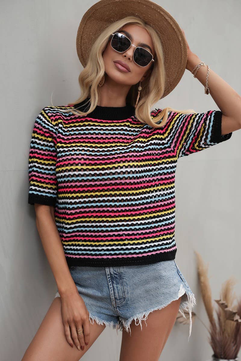 Cwtts0736_Crochet Short Sleeve Pullover Sweater