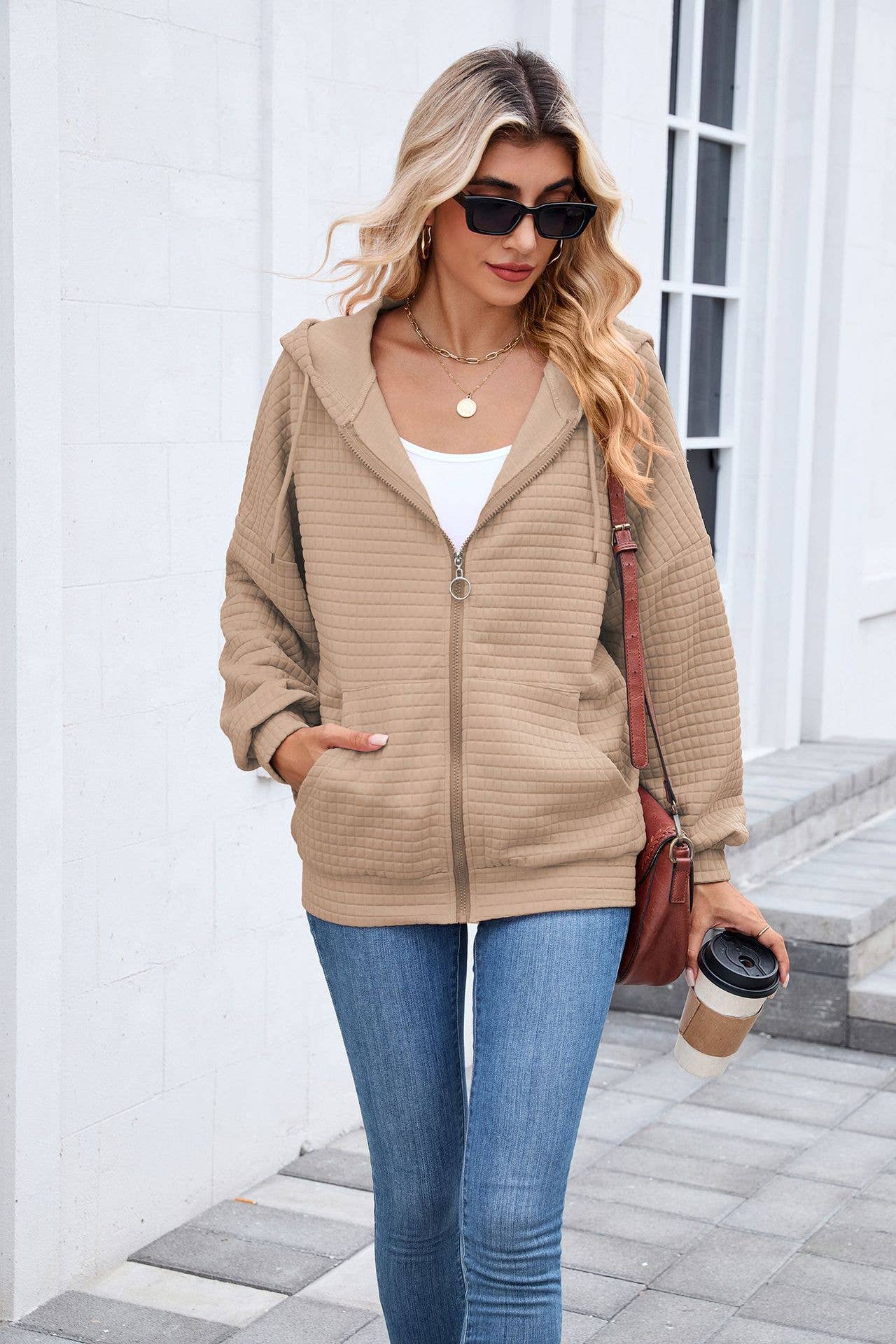 Solid-color zipper long-sleeved hooded coat