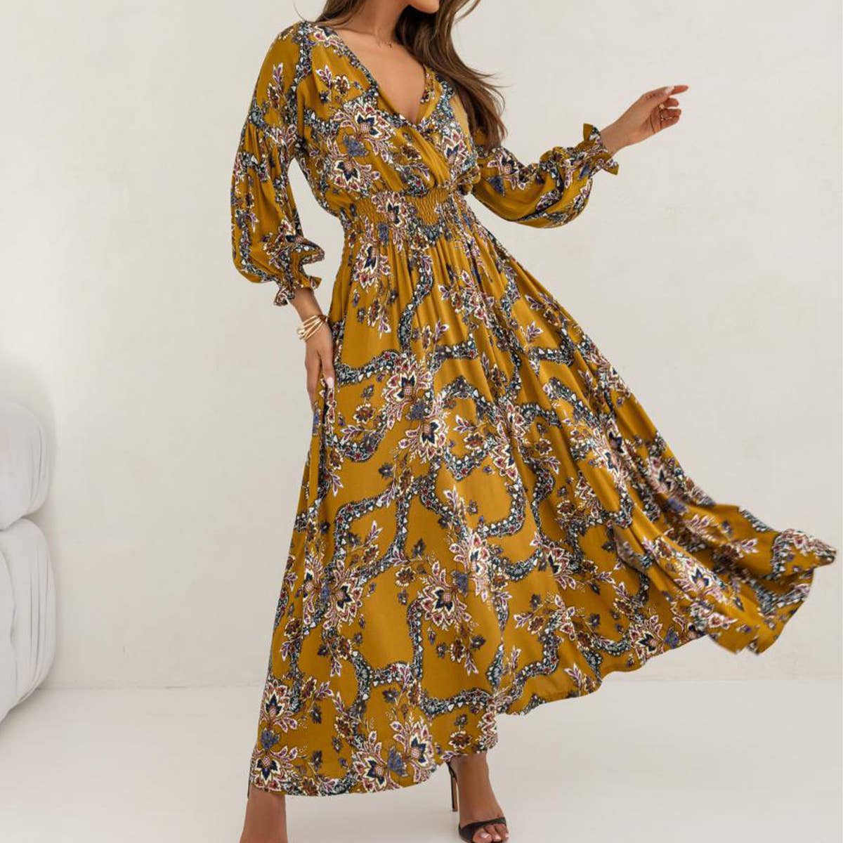 Printed V-neck lantern long sleeve slit dress