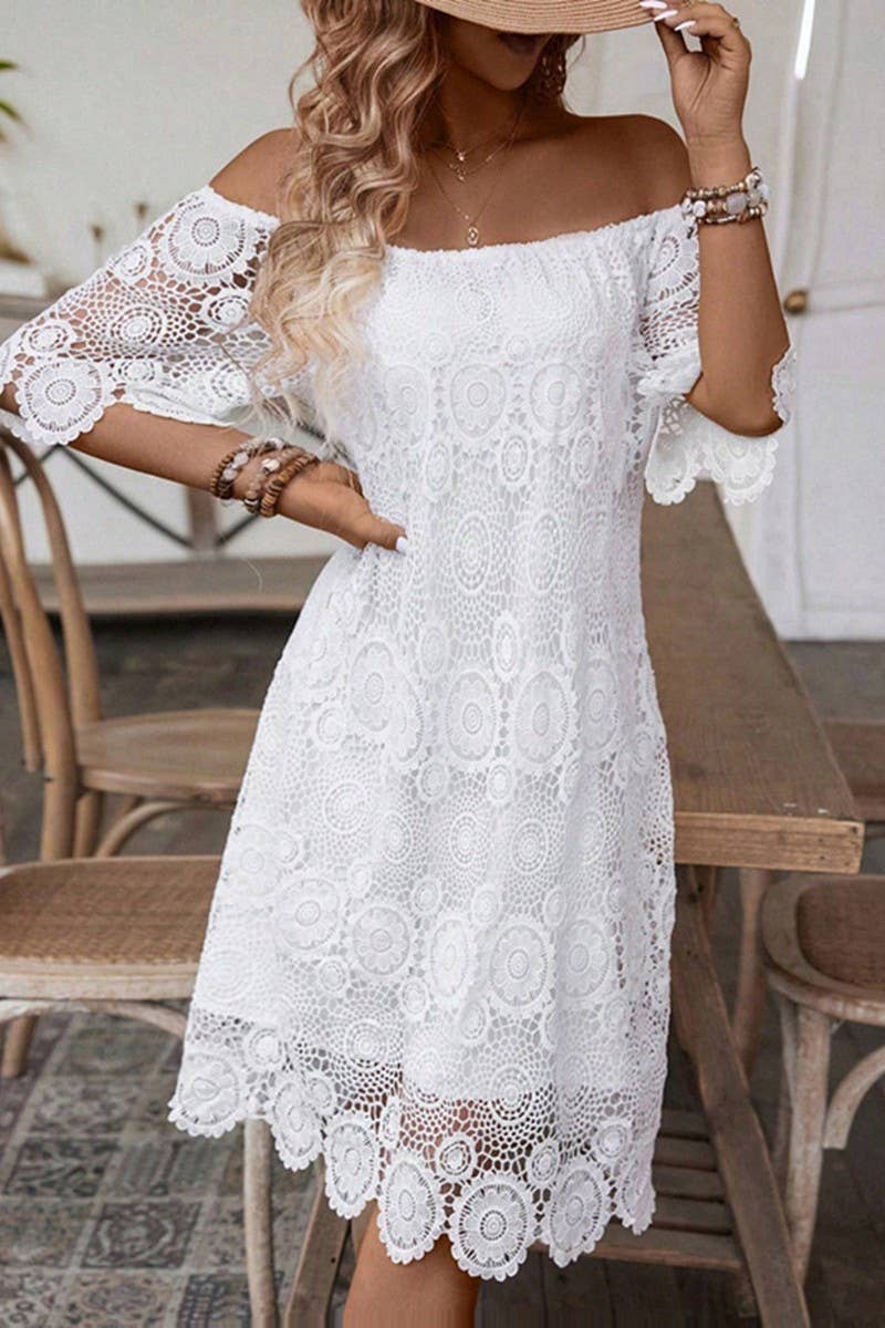 CWDSD10529_SUMMER SOLID COLOR ONE-SHOULDER HOLLOW LACE DRESS