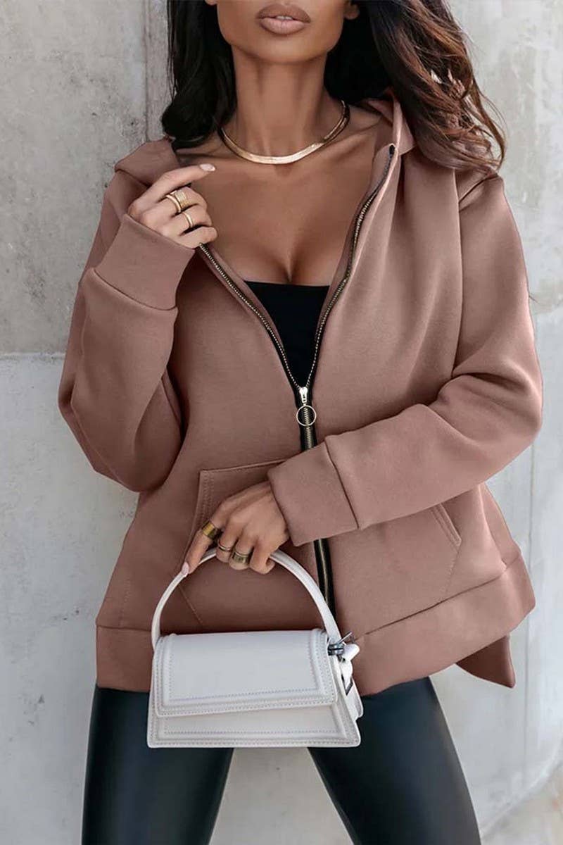 CWOCO0934_SOLID COLOR ZIPPER HOODED CARDIGAN SWEATSHIRT