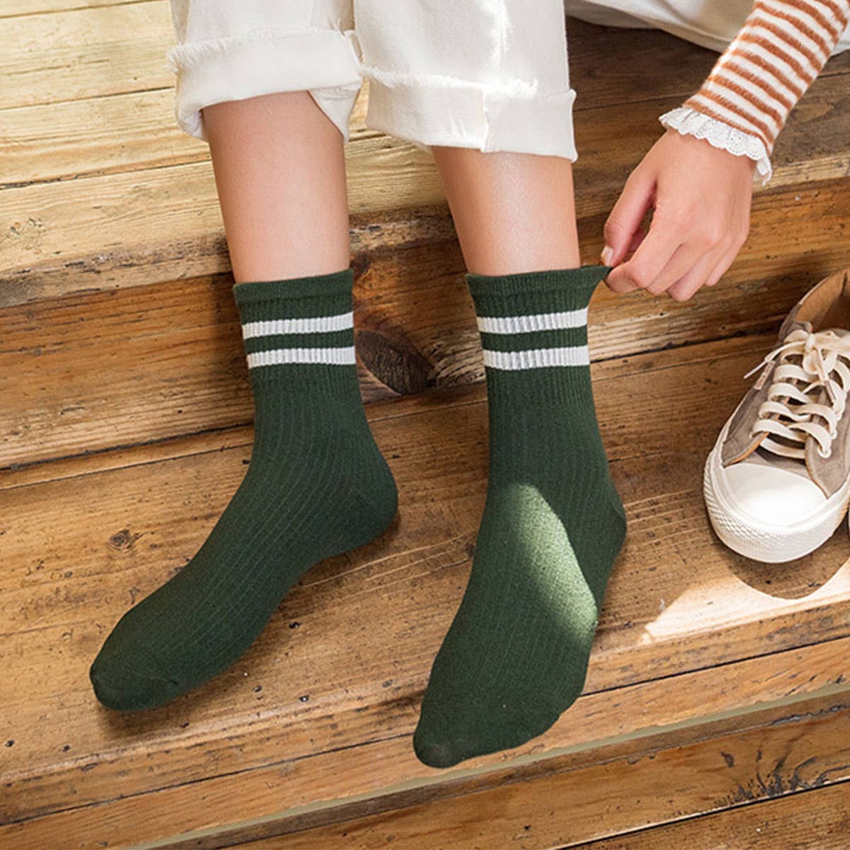 2-Stripe Cotton Mid Socks for Women, Wholesale_CWMS070