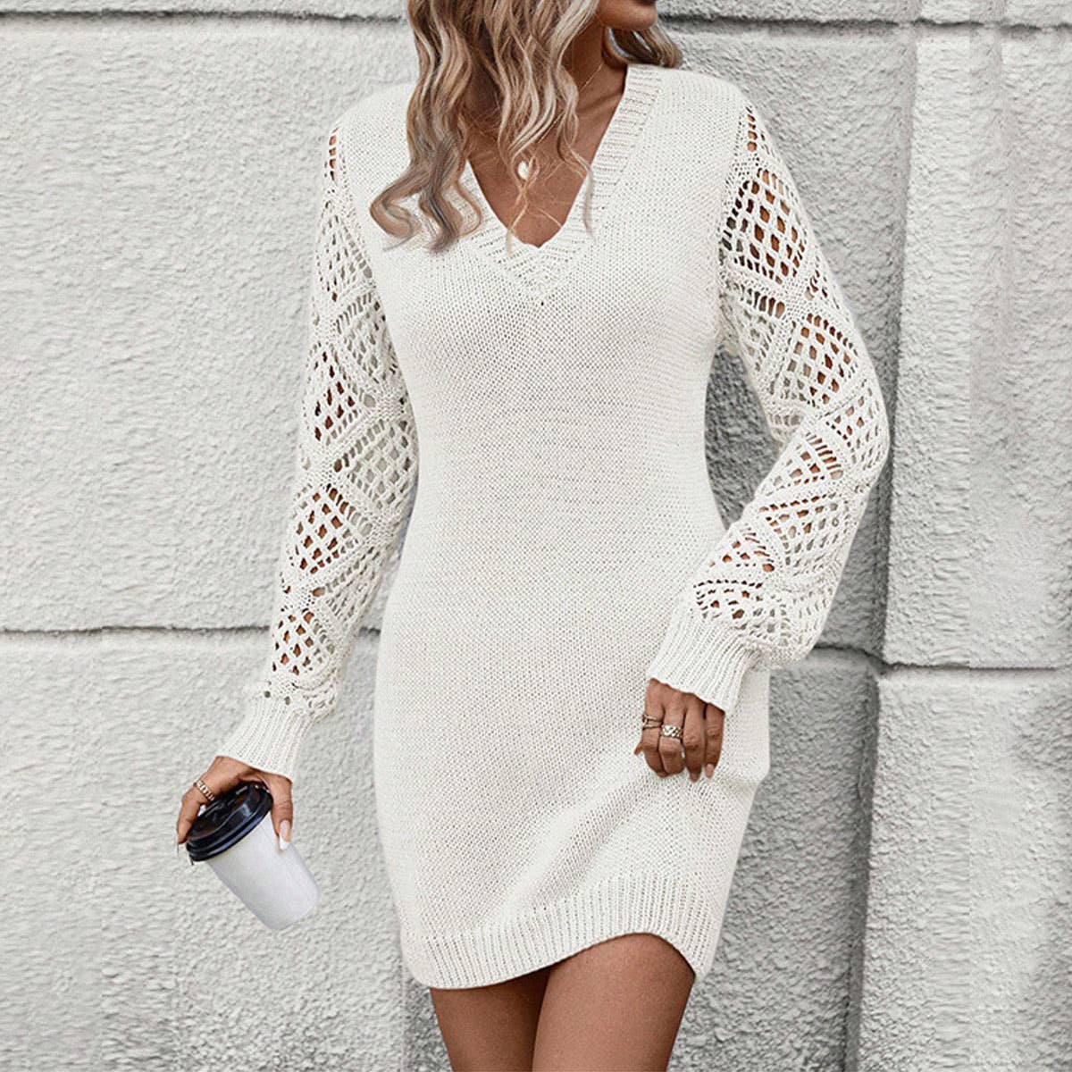 SOLID COLOR CUT-OUT V-NECK SWEATER DRESS