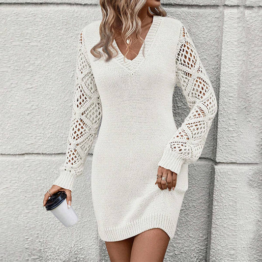SOLID COLOR CUT-OUT V-NECK SWEATER DRESS