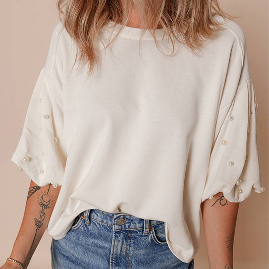 Stylish crew neck studded bubble sleeve pullover