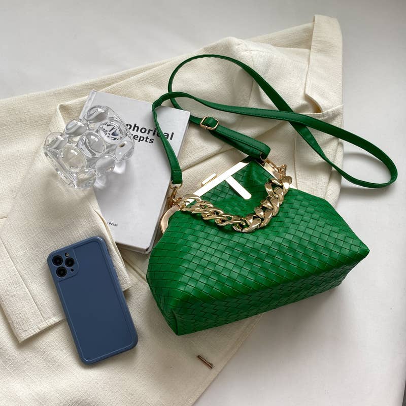 Irregular candy-colored metal chain handbag