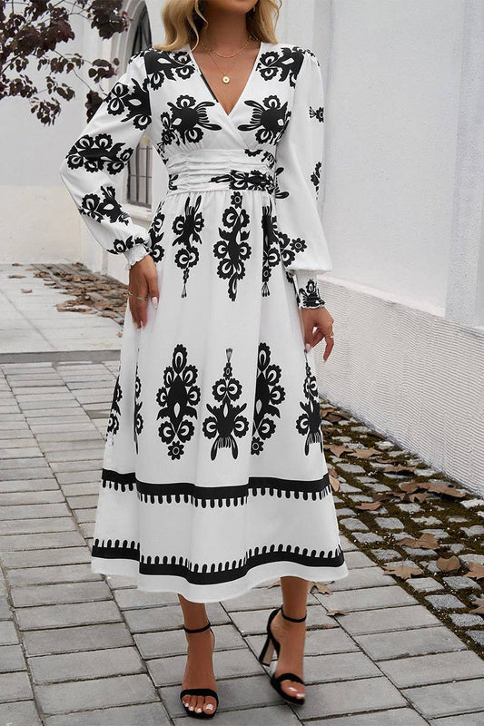 CWDMD4866_V-NECK ELEGANT CONTRAST COLOR LONG SLEEVE DRESS