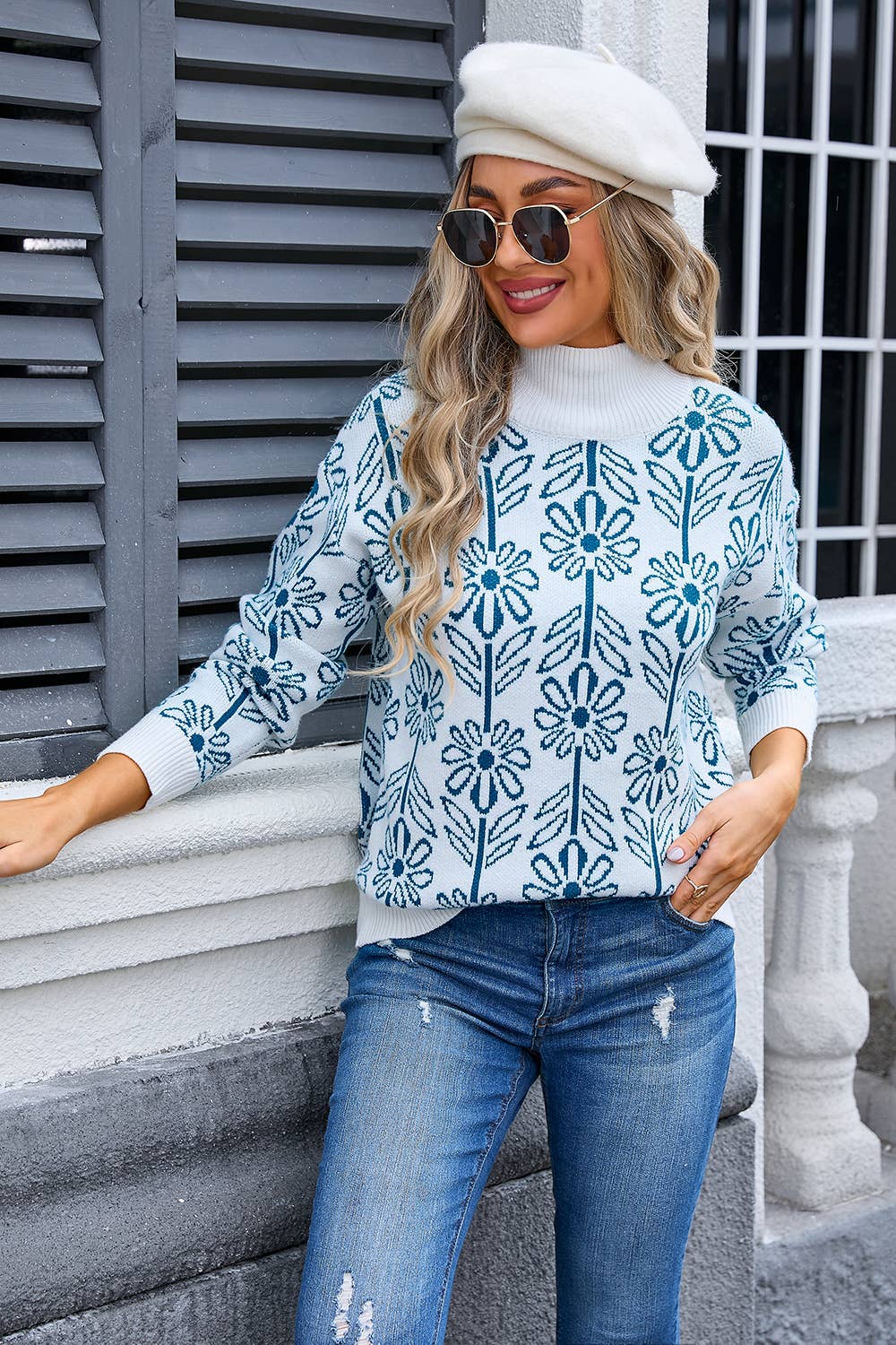 TURTLENECK FLOWER PULLOVER SWEATER KNITTED LOOSE