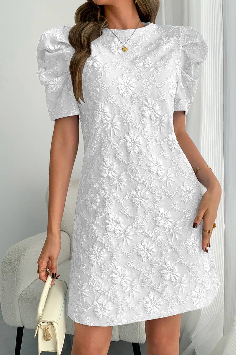 CWDSD8263_TEXTURED JACQUARD PUFF SLEEVE VINTAGE DRESS