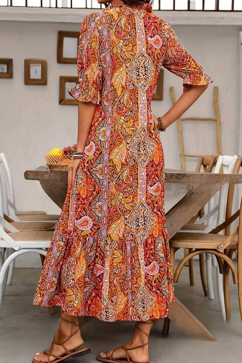 CWDMD4101_PRINTED ELBOW SLEEVE TIE-TIE RUFFLE DRESS