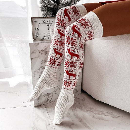CHRISTMAS ELK SNOWFLAKE LONG KNEE-HIGH SOCKS