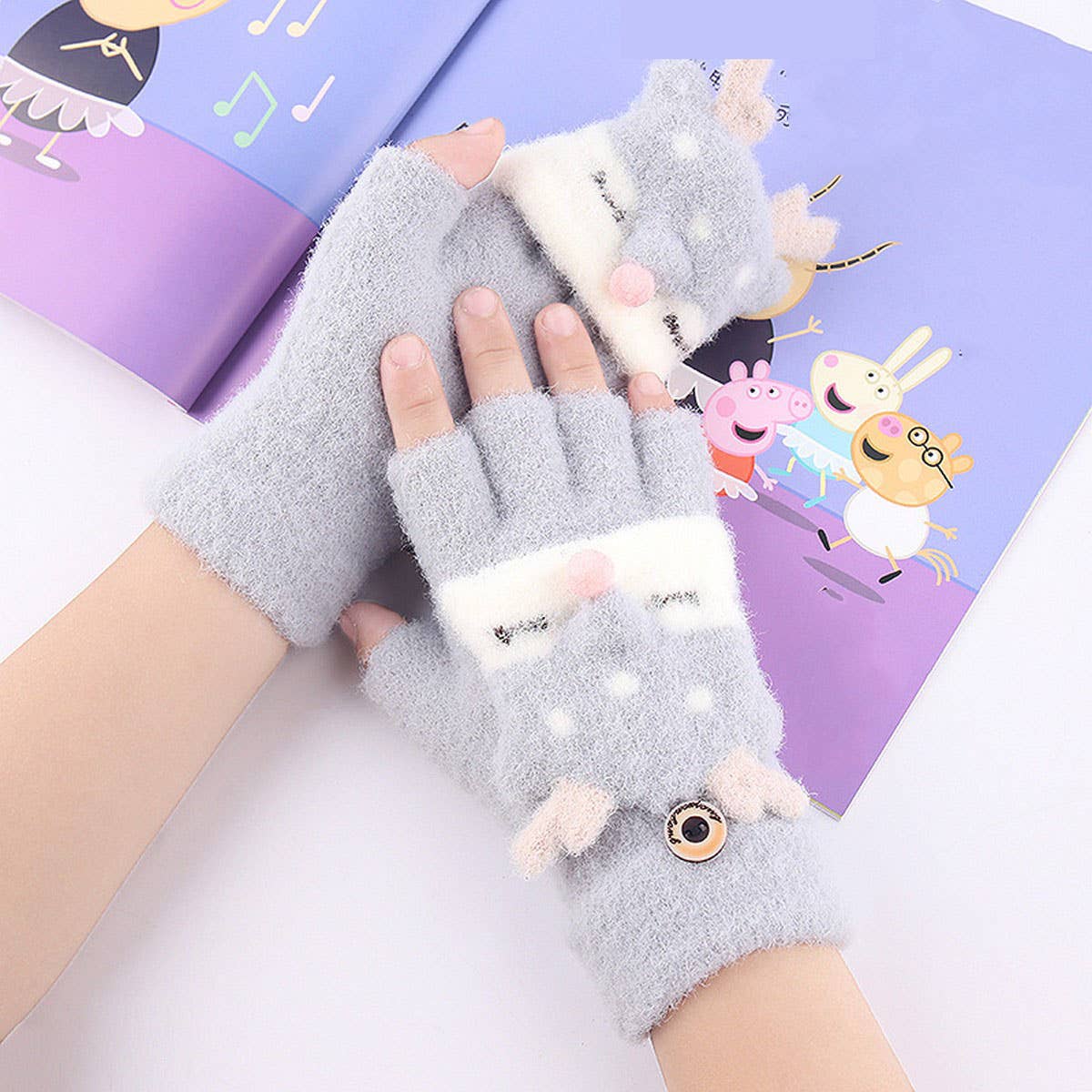 CARTOON HALF-FINGER FLAP KNITTED VELVET GLOVES_CWAG0238