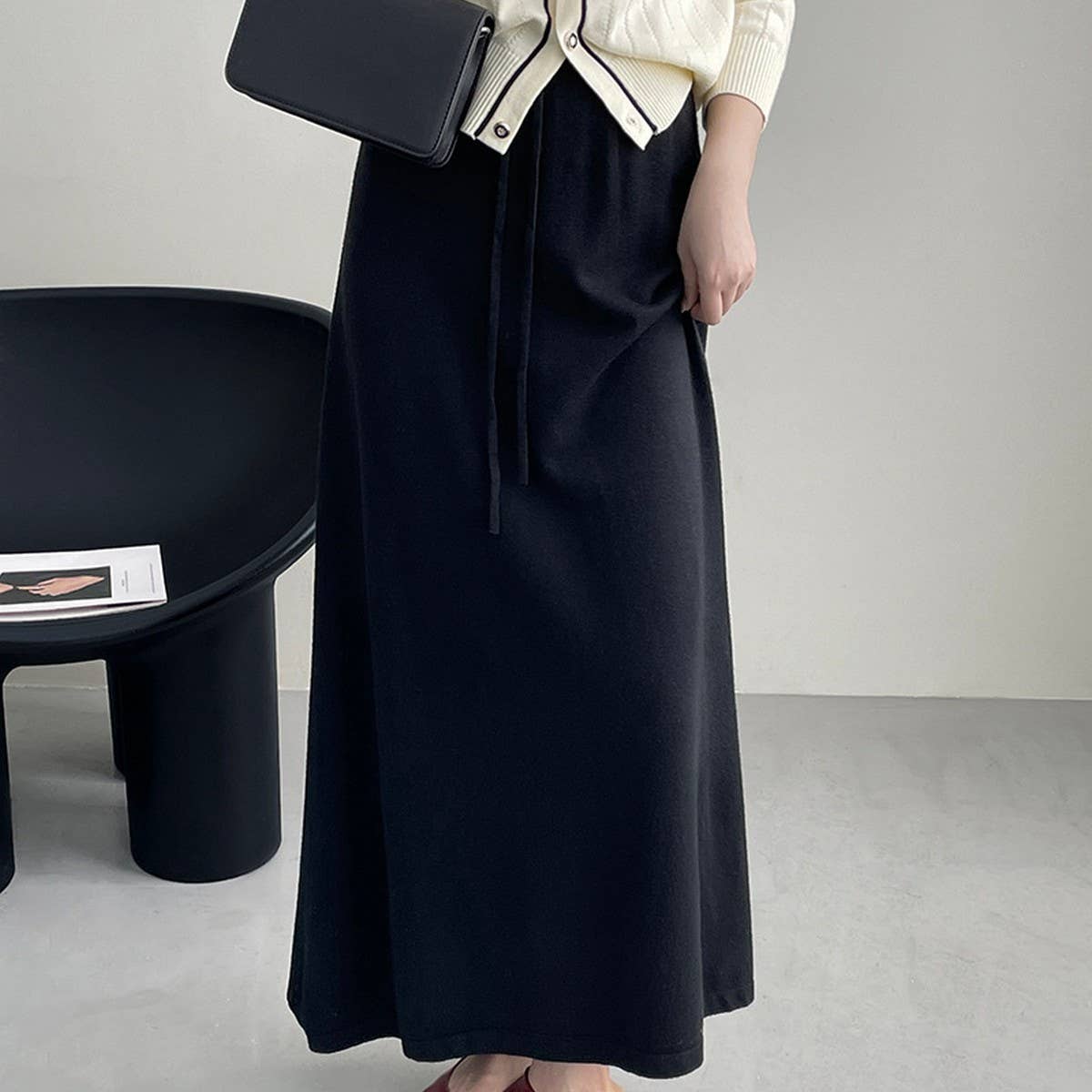 Solid color all-in-one drawstring knit A-line skirt