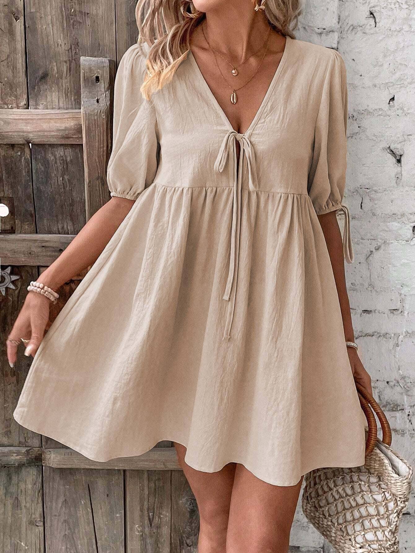 LOOSE WOVEN DEEP V-NECK LACE-UP DRESS
