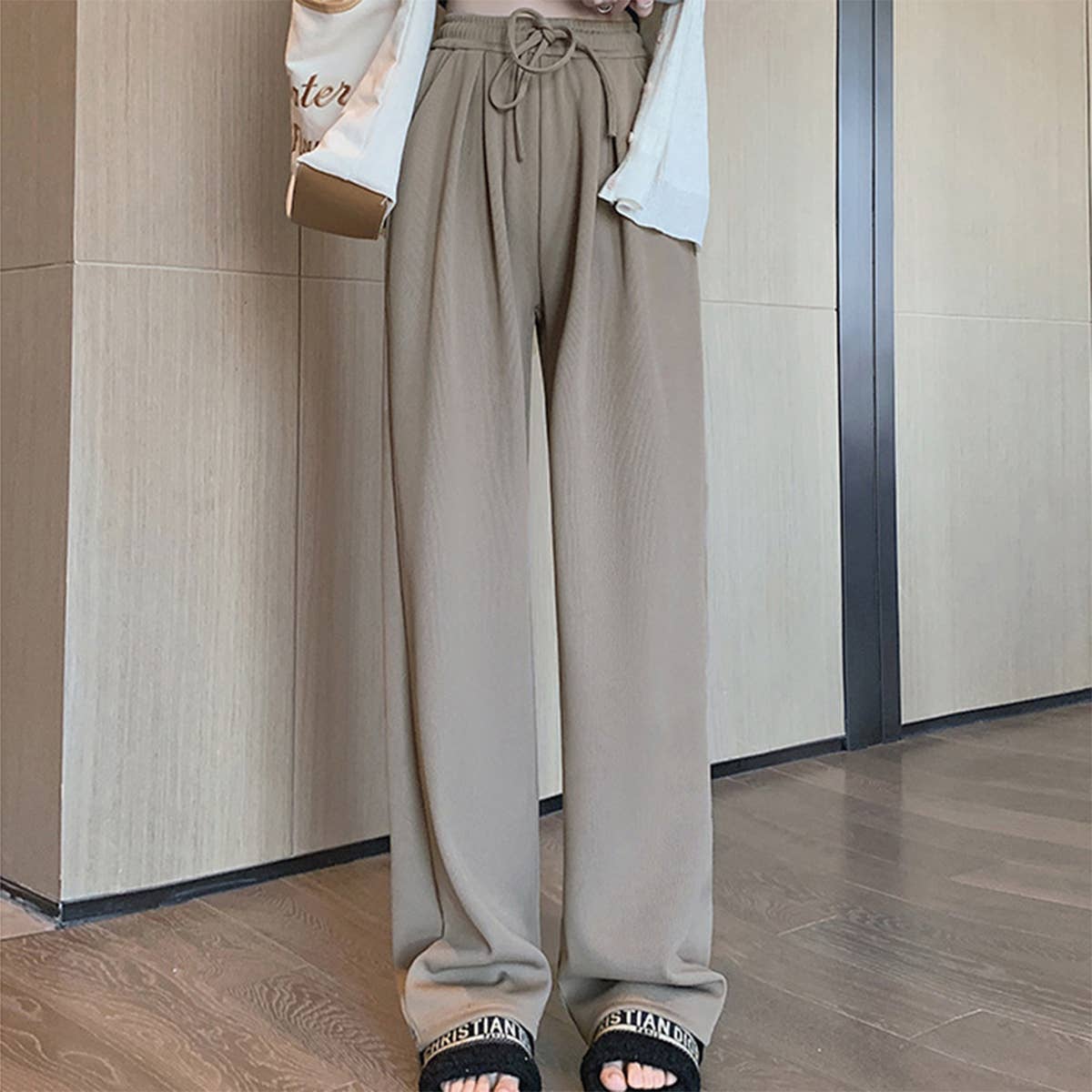 HIGH WAIST DROP KNIT DRAWSTRING WIDE-LEG PANTS