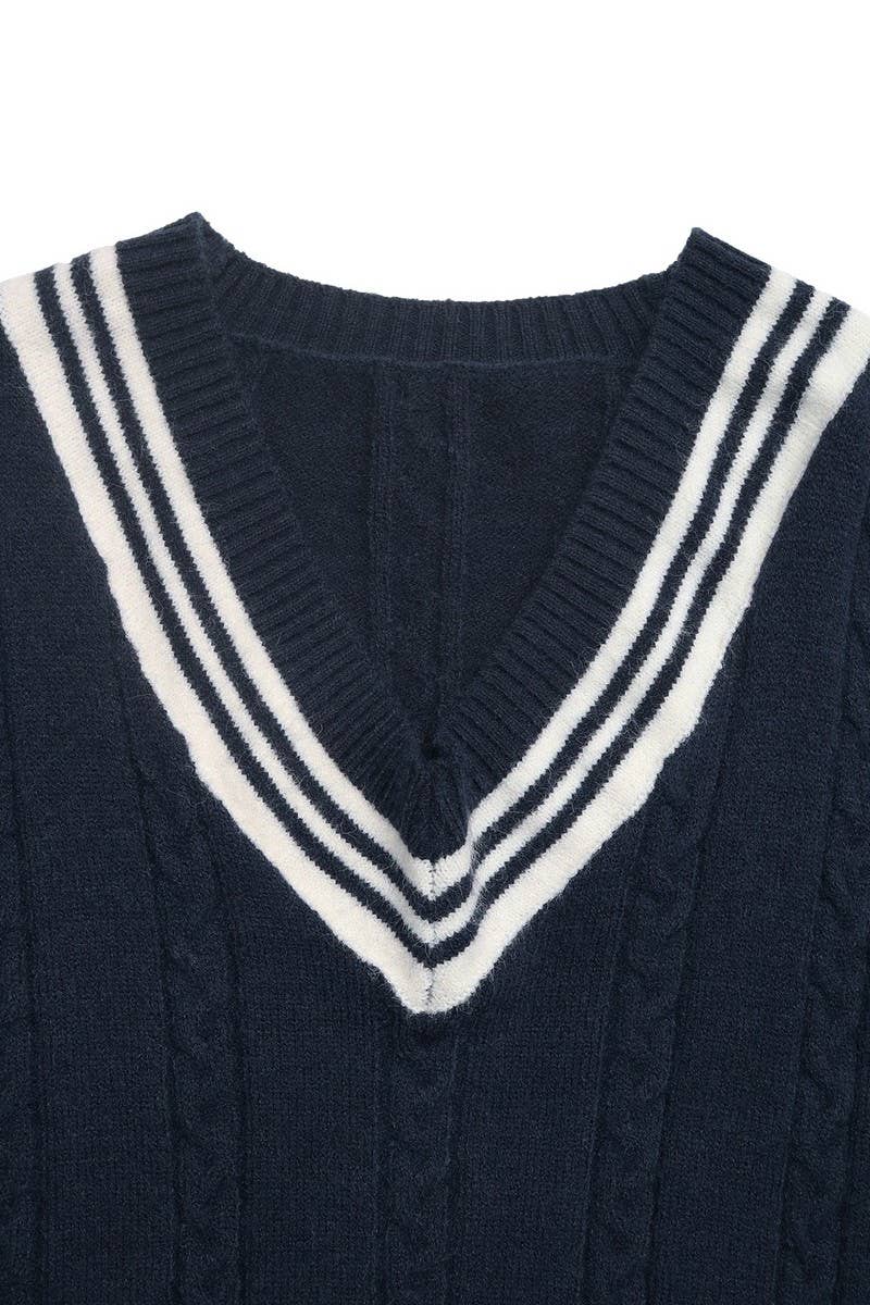 CWOSWL07133_V NECK CABLE KNIT COLORBLOCK PULLOVER SWEATER