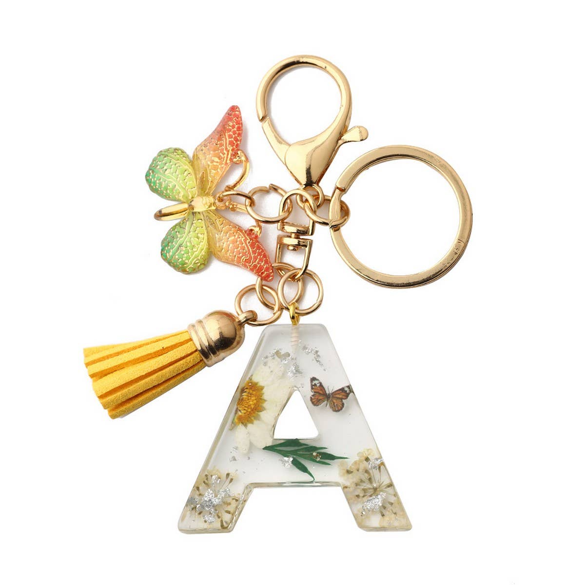 Flower Letter Keychain with Yellow Butterfly Charm_CWAB5090
