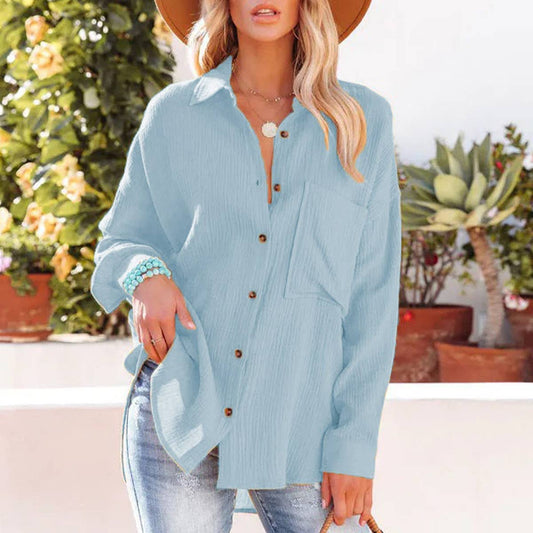 BAT-SLEEVED CASUAL SOLID COLOR LONG-SLEEVED SHIRT