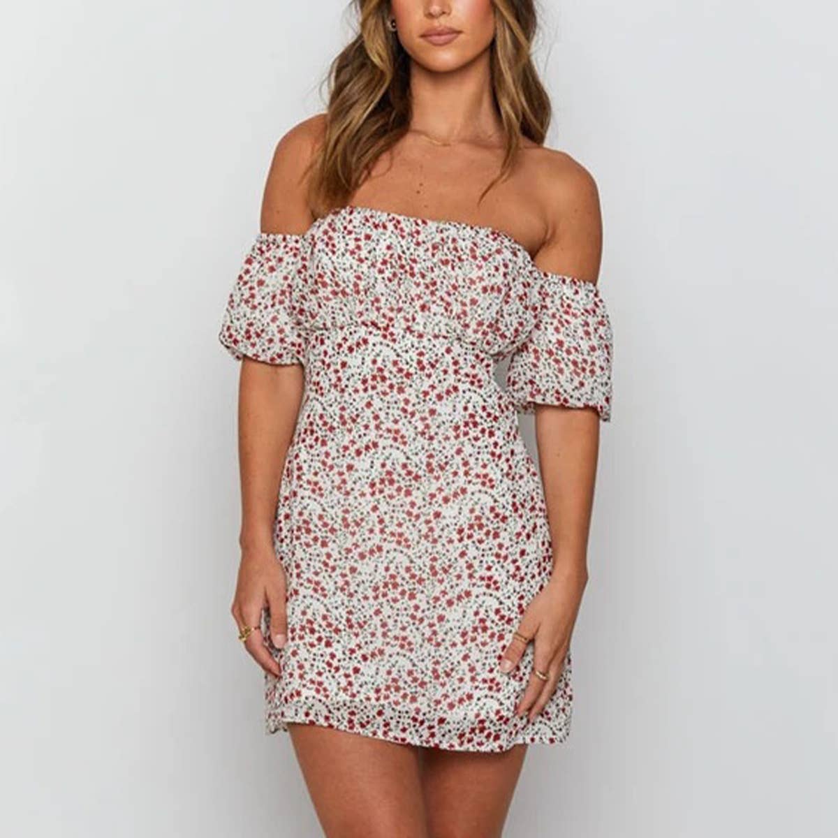 ONE-SHOULDER SMALL FLORAL HALTER SHORT DRESS