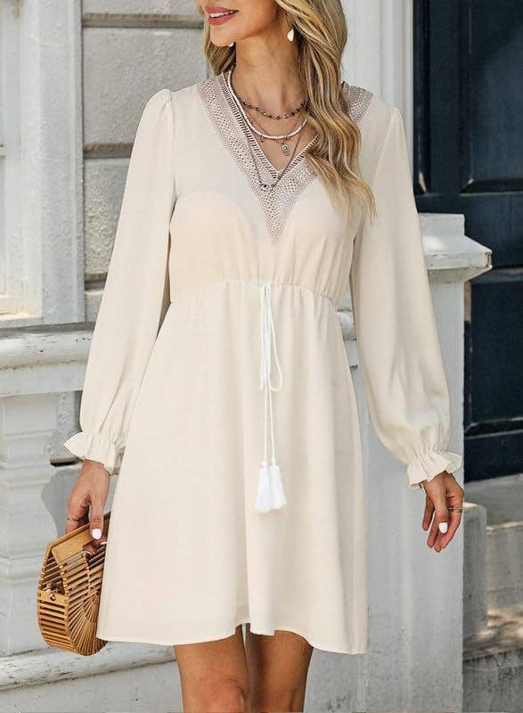 LONG SLEEVE LACE LACE FRINGE BELT DRESS