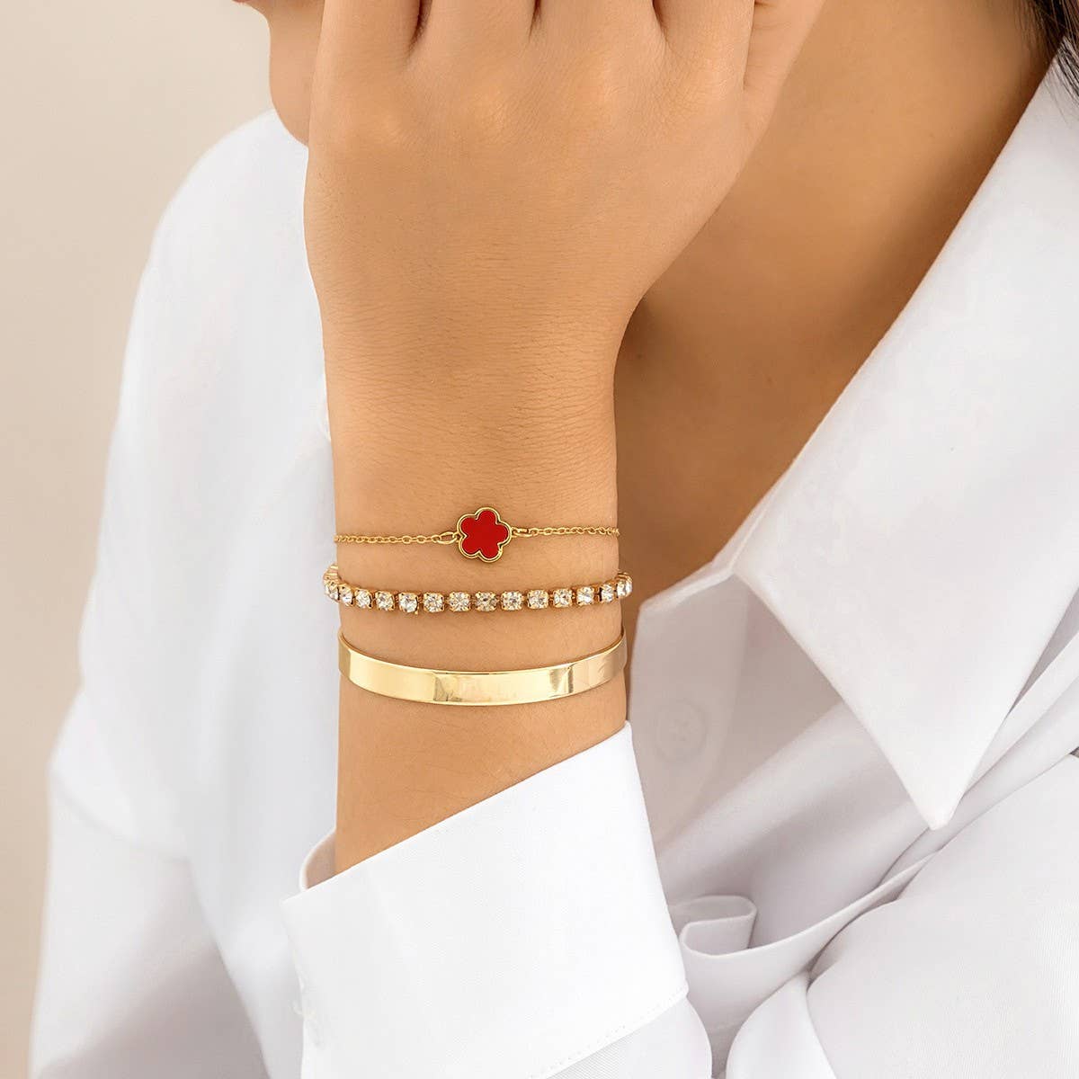 VINTAGE RHINESTONE CHAIN FIVE LEAF GRASS BRACELET