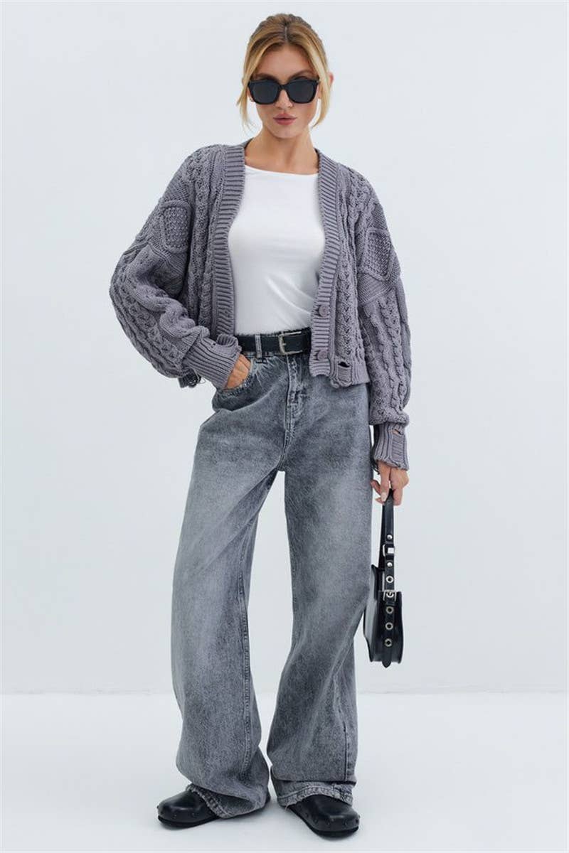 V-NECK SOLID COLOR TWIST SINGLE BREASTED CARDIGAN