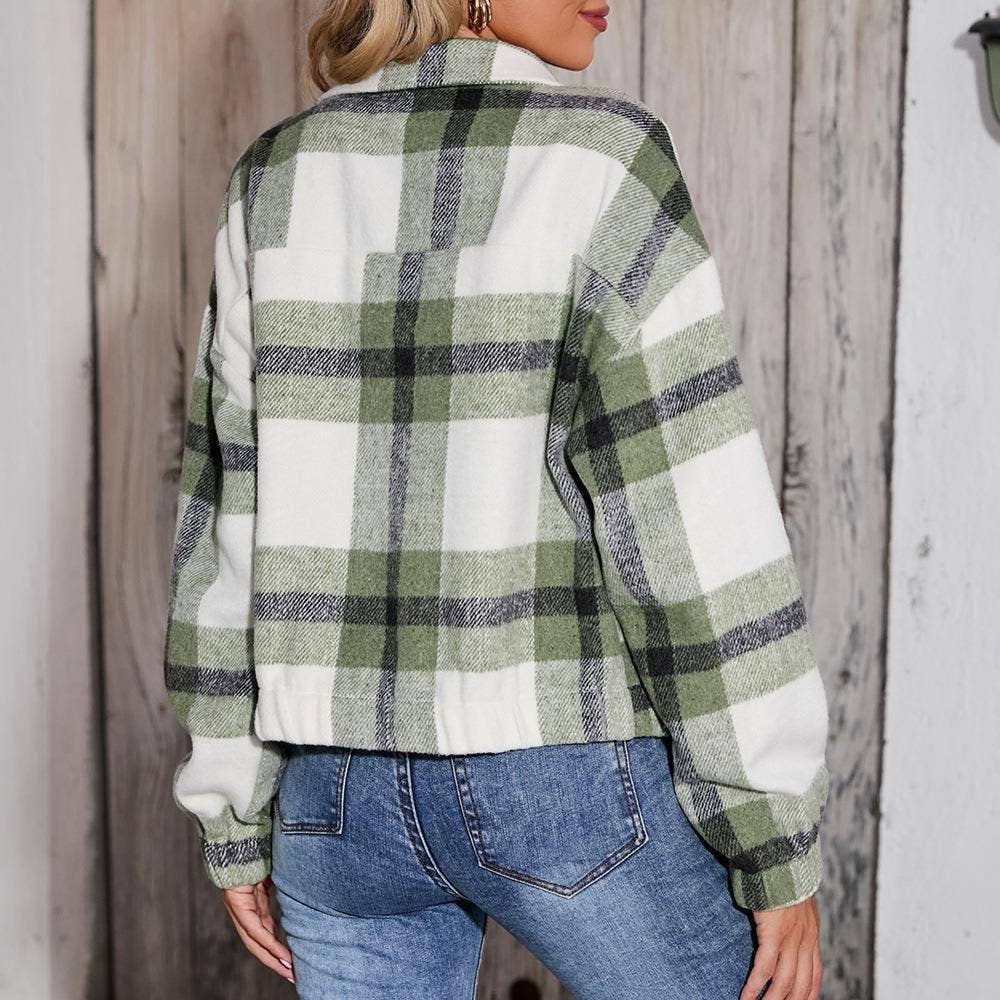 Printed Plaid Jacket With Zipper Pocket