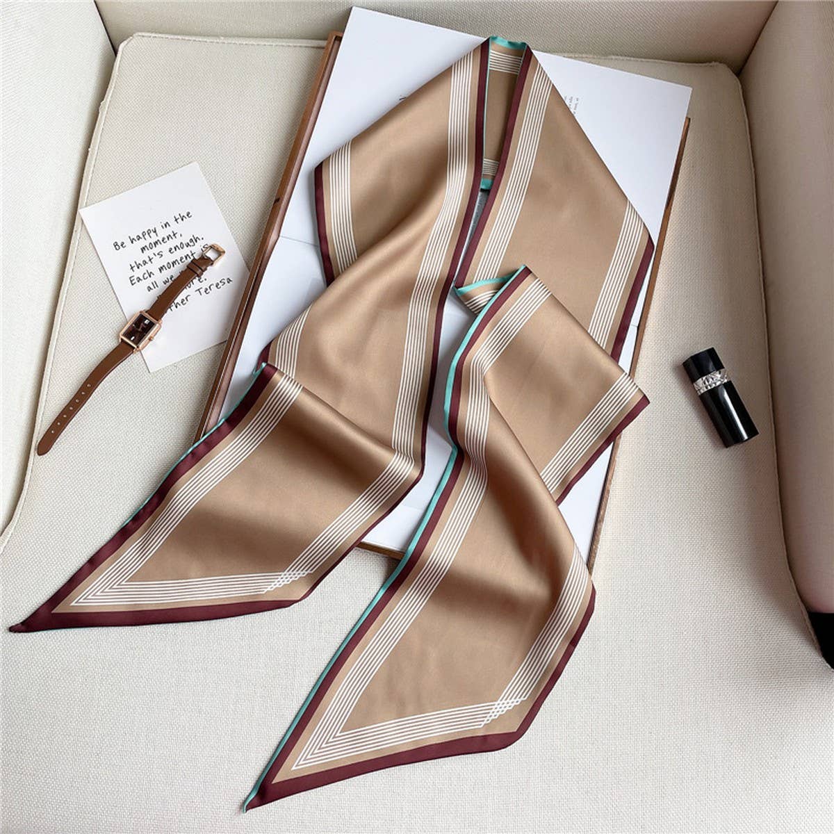THIN SIMPLE GEOMETRIC LONG SILK HEAD SCARF