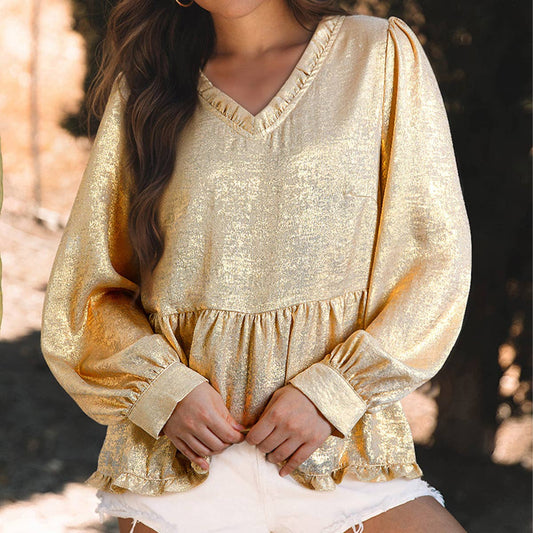 SOLID COLOR RUFFLED V-NECK BUBBLE SLEEVE PULLOVER