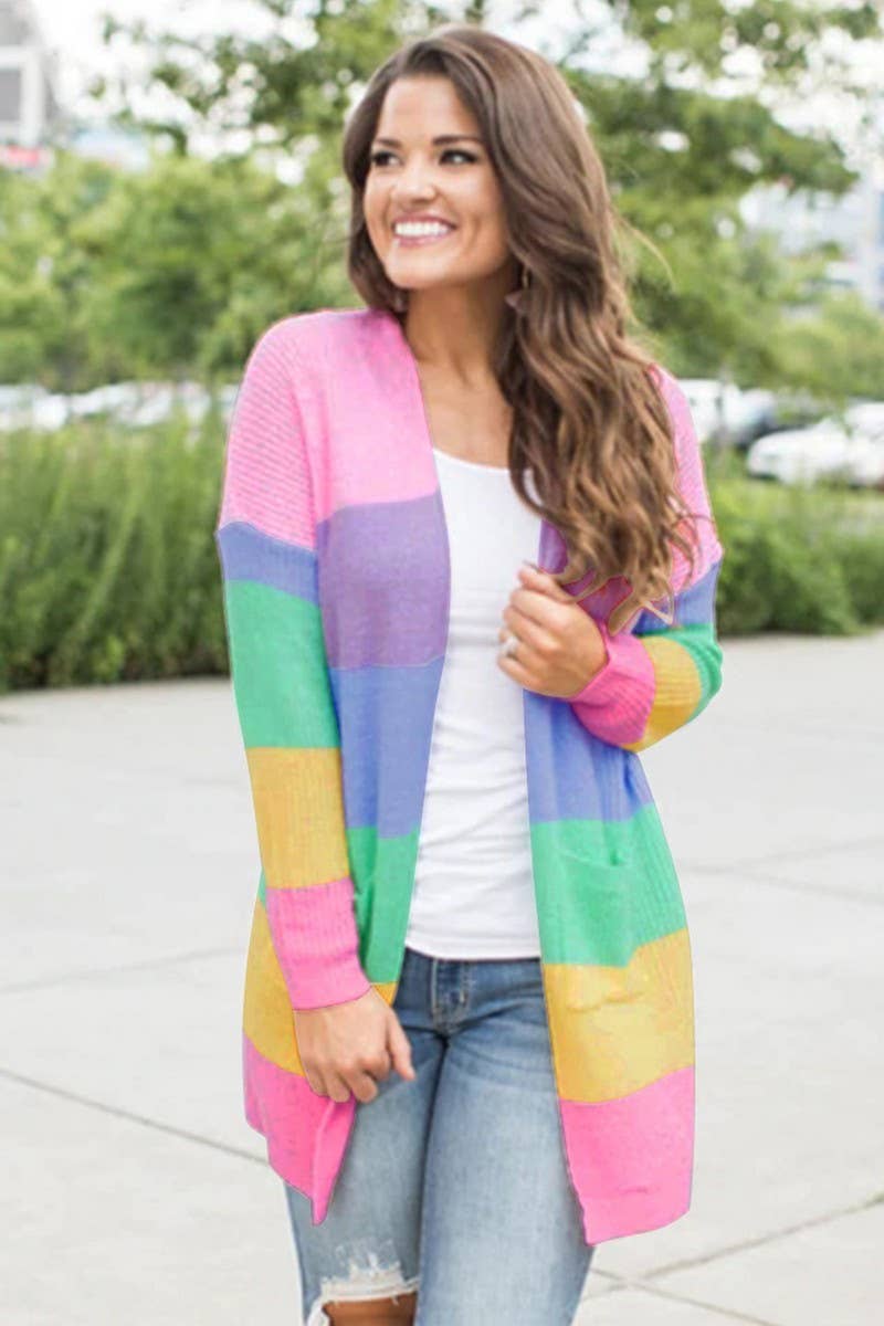 CWOCAL00701_LOOSE COLORBLOCK STRIPED LONG KNIT CARDIGAN