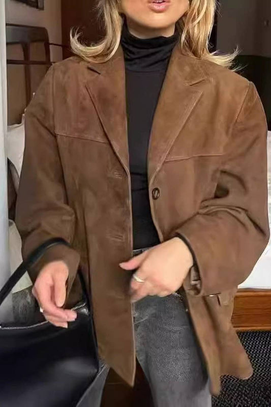 CWOCO0962_BROWN FROSTED VELVET VINTAGE LAPEL LOOSE COAT