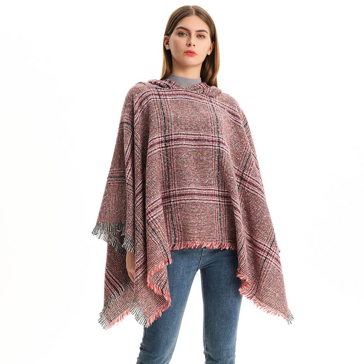 CIRCLE YARN FUR LARGE PLAID HOODED CAPE SHAWL