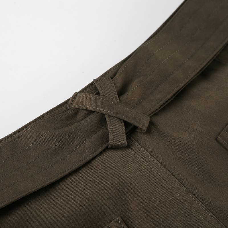 STREET STYLE SOLID COLOR BELT LACE-UP BASIC PANTS