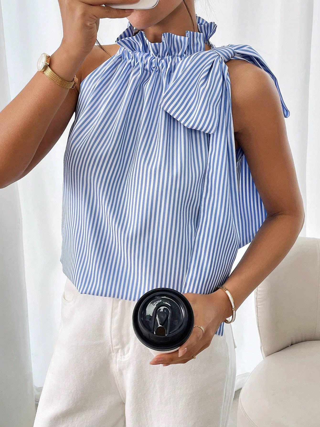 Fashion striped lace high-neck knot-tied T-shirt