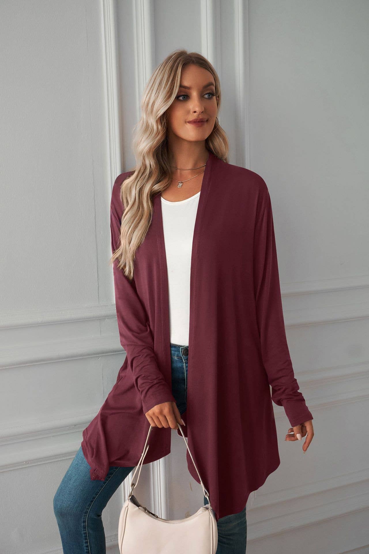 Solid-color,buttonless long-sleeved cardigan