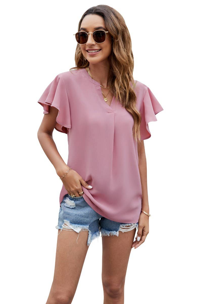 V NECK FLY SLEEVE SHORT SLEEVE CHIFFON TOP_CWTSTS0214