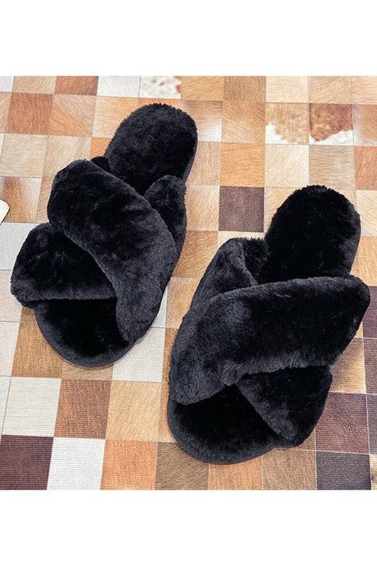CROSS STRAP FLUFFY CASUAL SLIPPERS