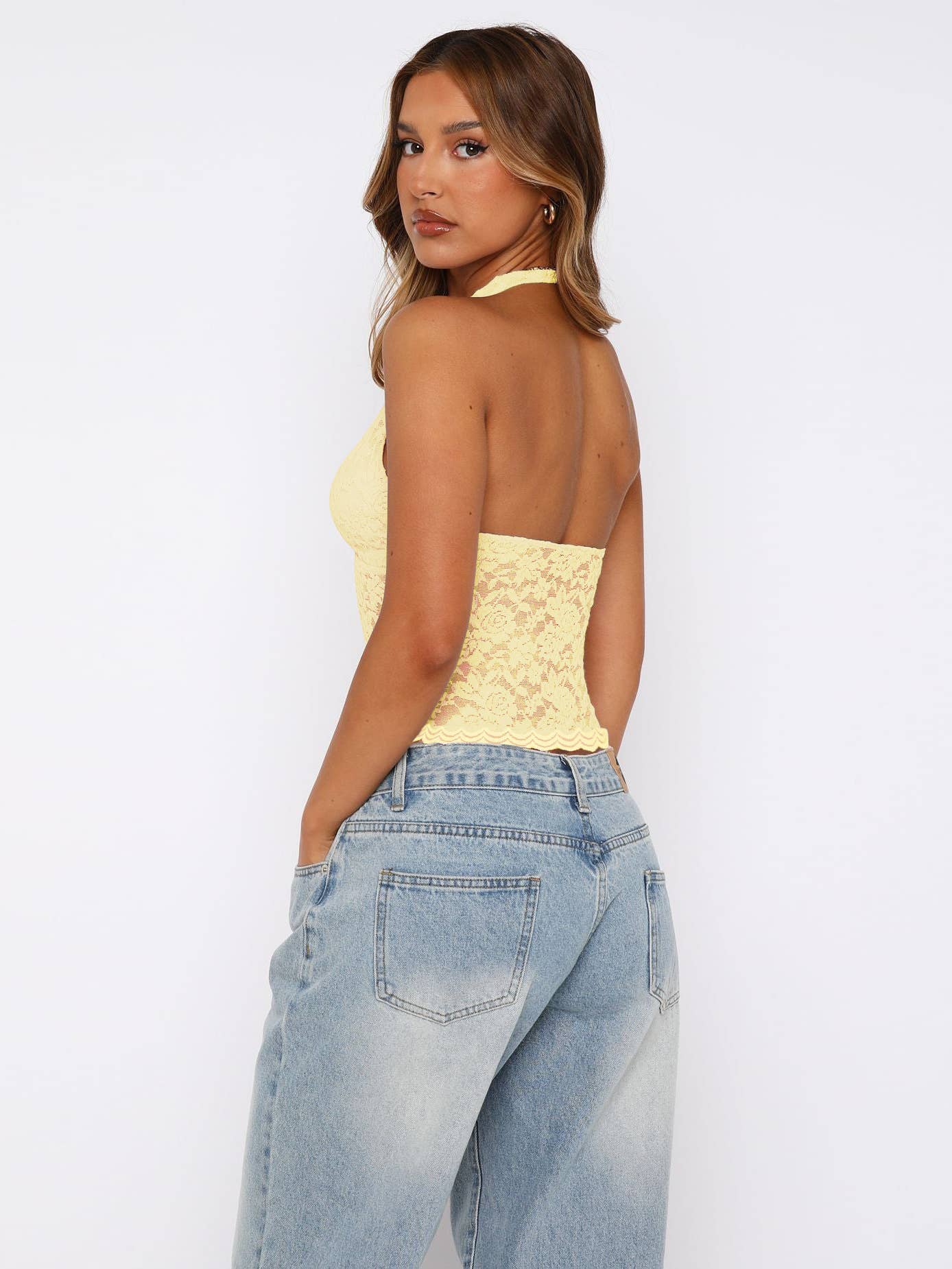 Hollow lace solid color slim-fit sexy halter vest