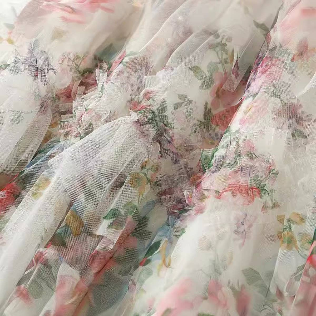 Colorful Floral Mesh Paneled Tiered Skirt