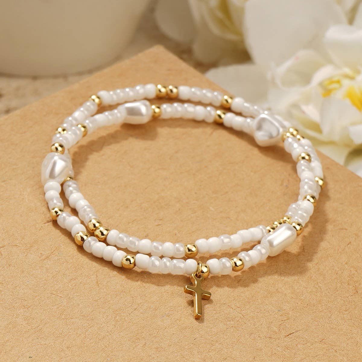 IMITATION PEARL CROSS RICE BEAD BRACELET