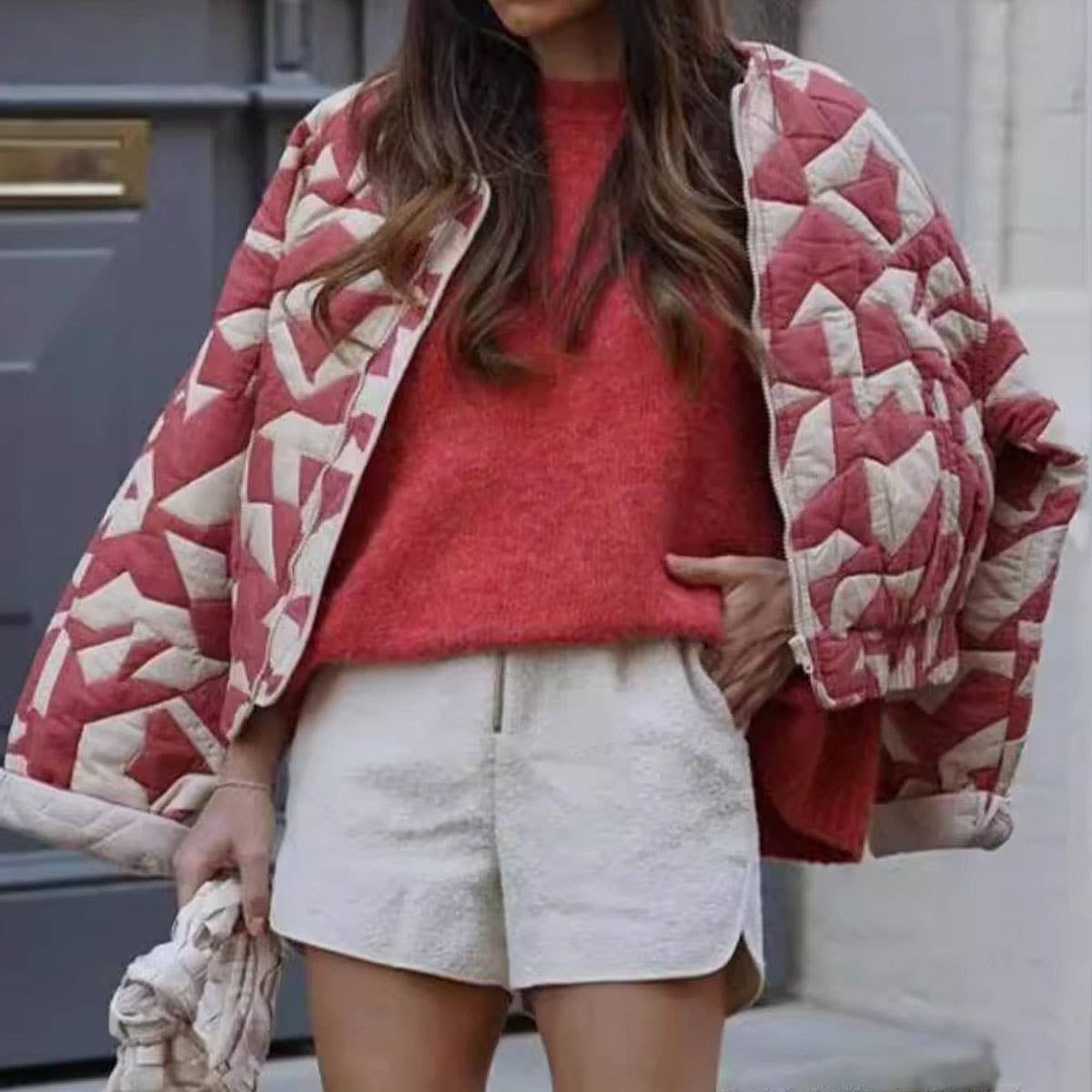 COLORBLOCK PRINT ZIP-UP QUILTED JACKET