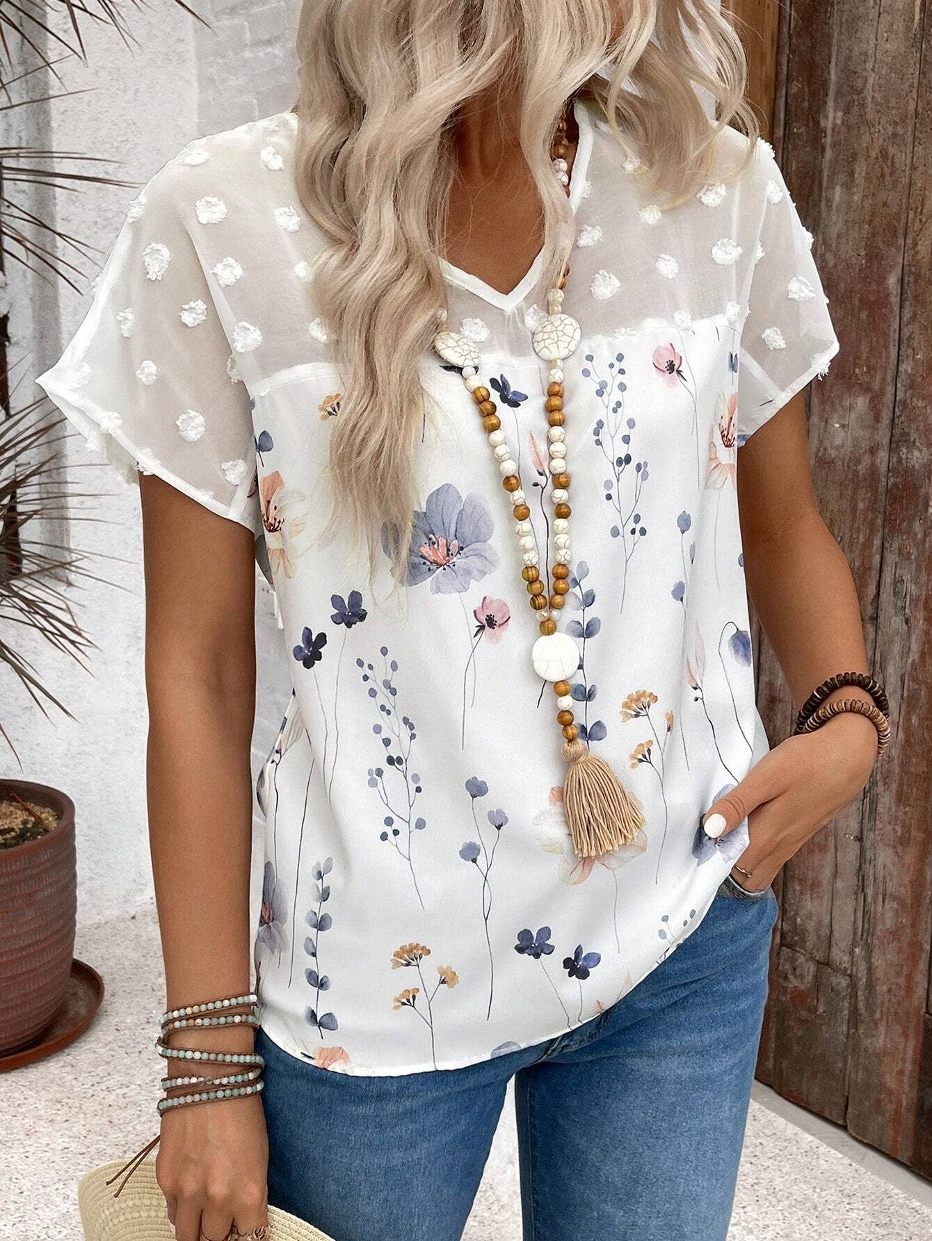 V-NECK PRINTED LACE PATCHWORK SHORT-SLEEVED TOP
