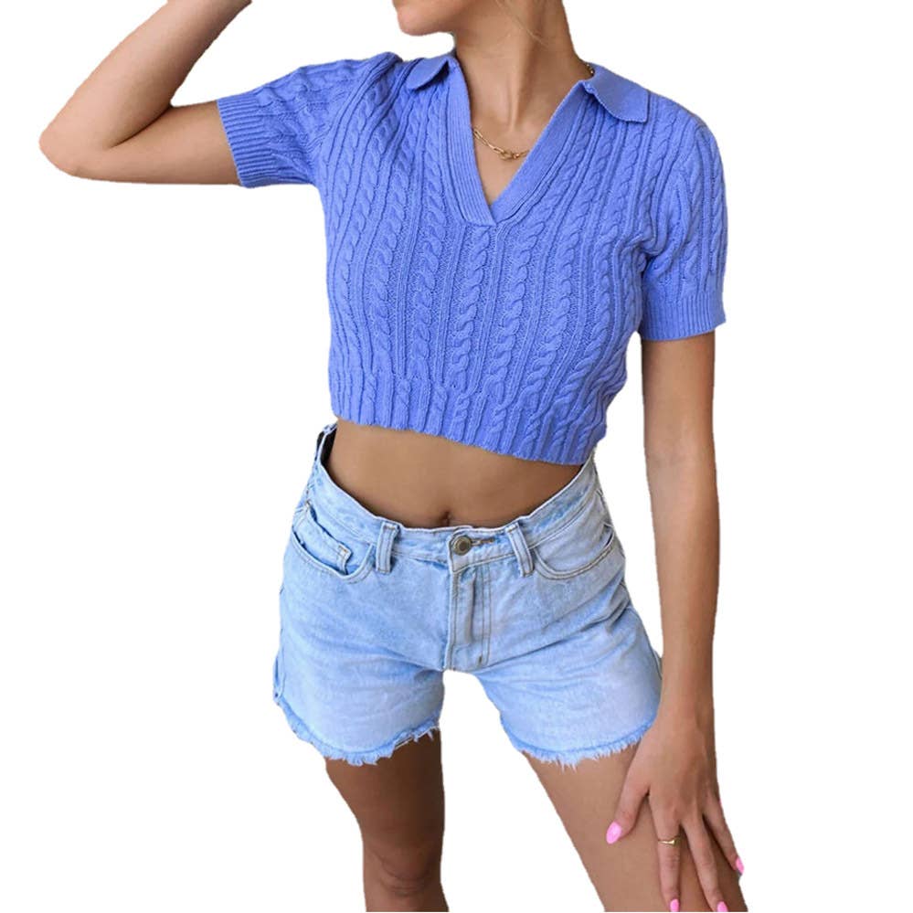 Stylish sexy short-sleeved sweater slim-fit top