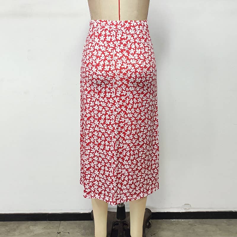 Floral print high waist slit long A-line skirt