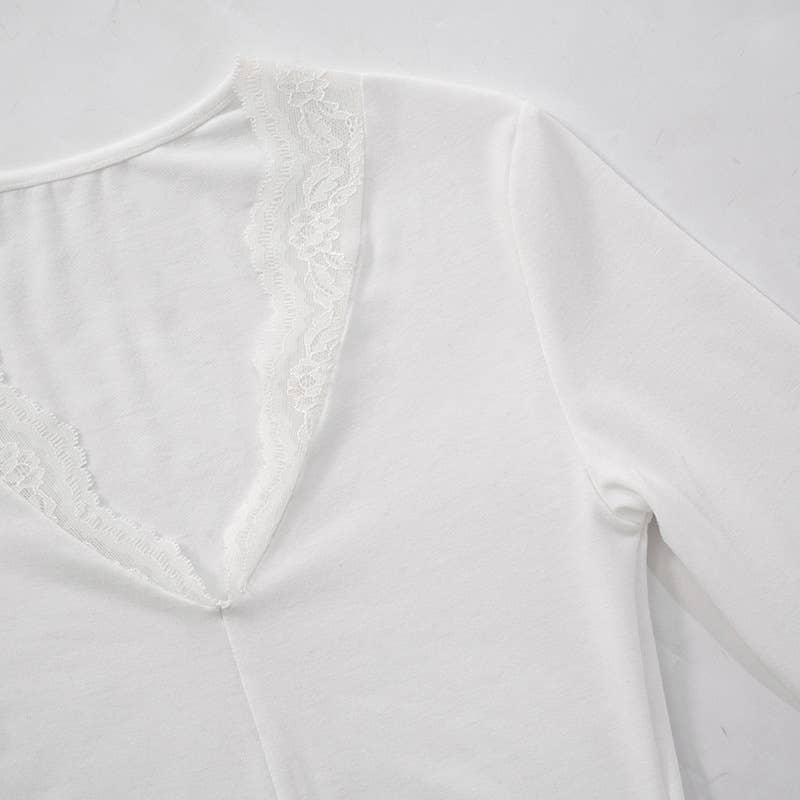 SOLID COLOR V-NECK SEXY LACE PATCHWORK TOP