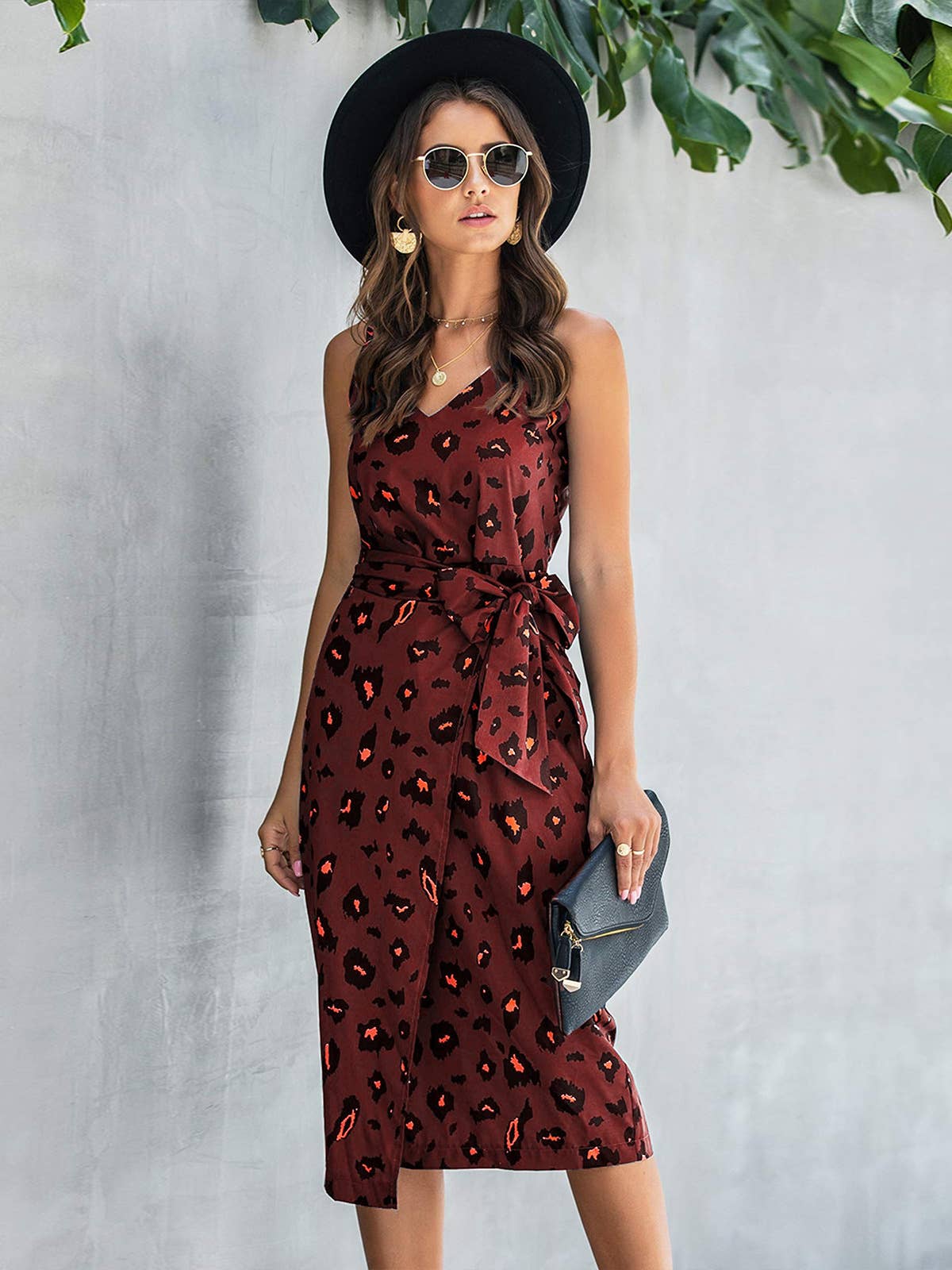Leopard print split mid-length strappy slip dress