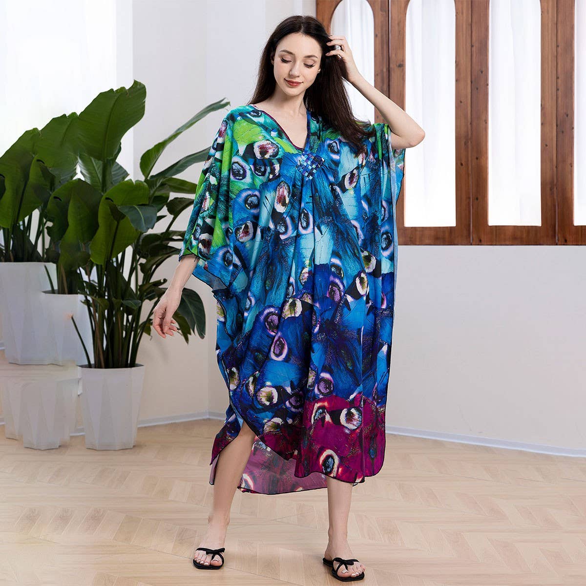 Peacock Print Beach Cover-Up Maxi Kaftan_CWMM6204